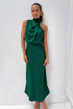 Women's Asymmetrical Neck Midi Dress – Fitted Statement Cocktail Dress