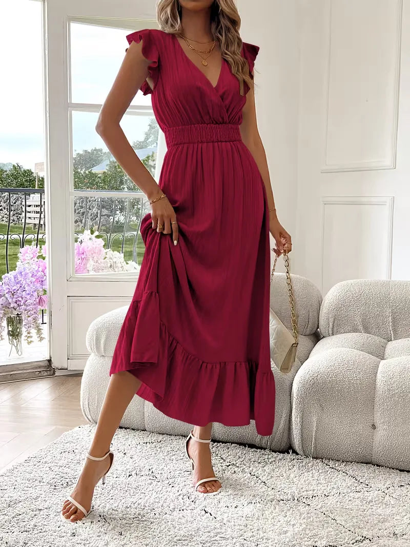 Women's V-Neck Tiered Evening Maxi Dress – Short Sleeve Smocked Waist Dress