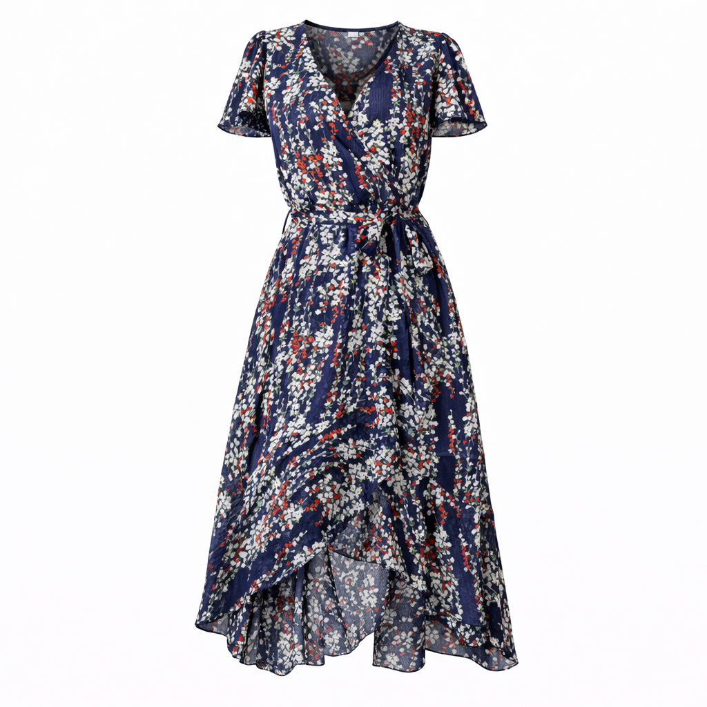 Women's Floral Belted Wrap Dress – V-Neck Midi Occasion Dress