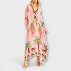 Women's Tropical Print Maxi Dress – Asymmetrical Resort Long Dress