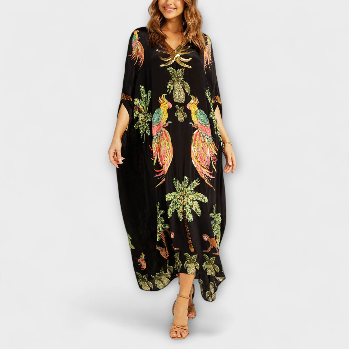 Women's Tropical Print Maxi Dress – Asymmetrical Resort Long Dress