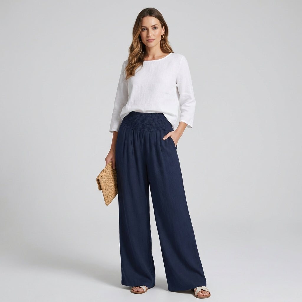 Women's High Rise Palazzo Pants – Elastic Waist Wide Leg Flowy Trousers