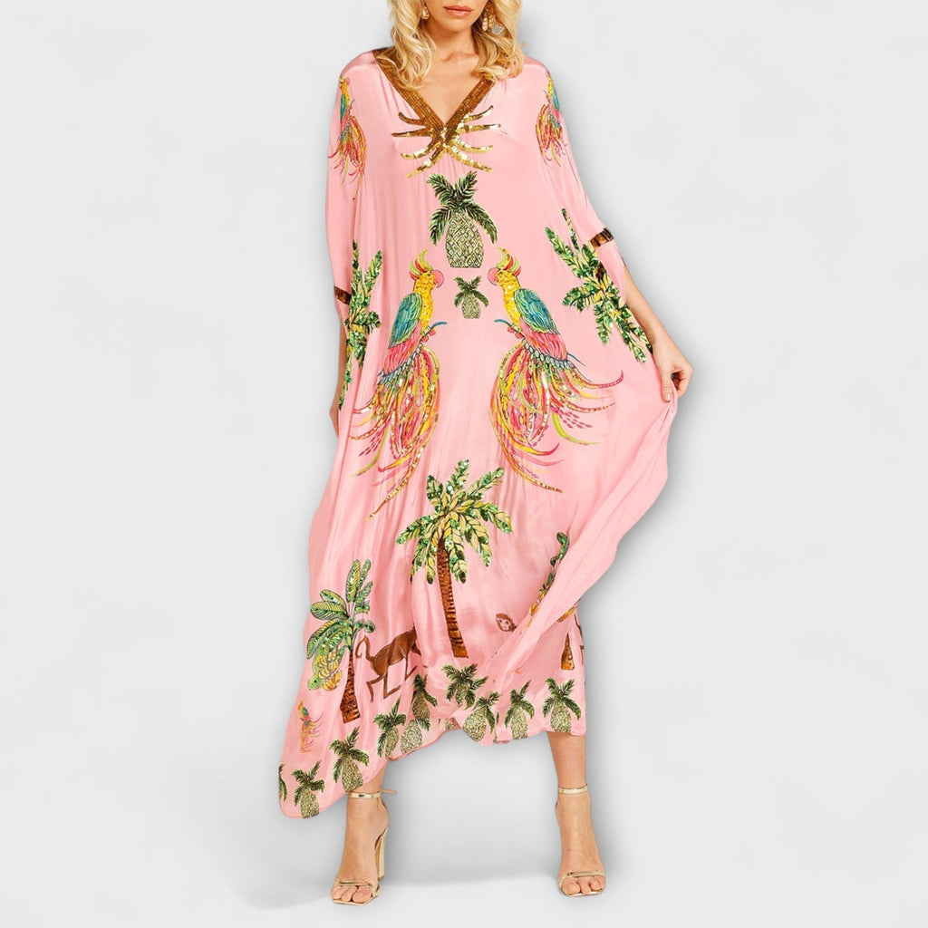 Women's Tropical Print Maxi Dress – Asymmetrical Resort Long Dress