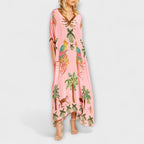 Women's Tropical Print Maxi Dress – Asymmetrical Resort Long Dress