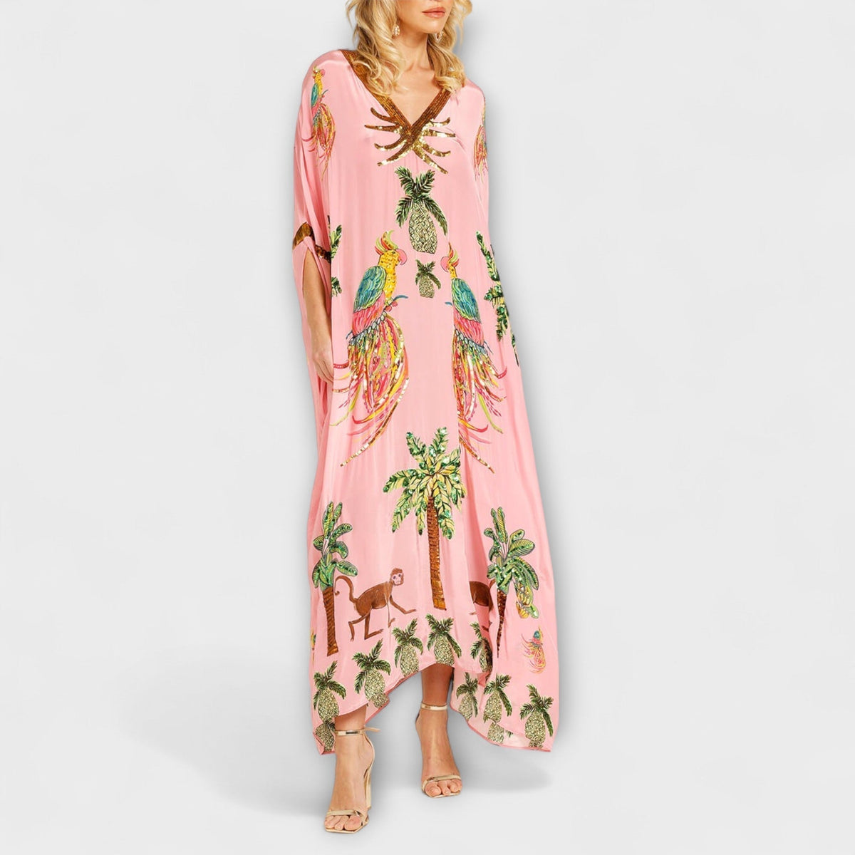Women's Tropical Print Maxi Dress – Asymmetrical Resort Long Dress