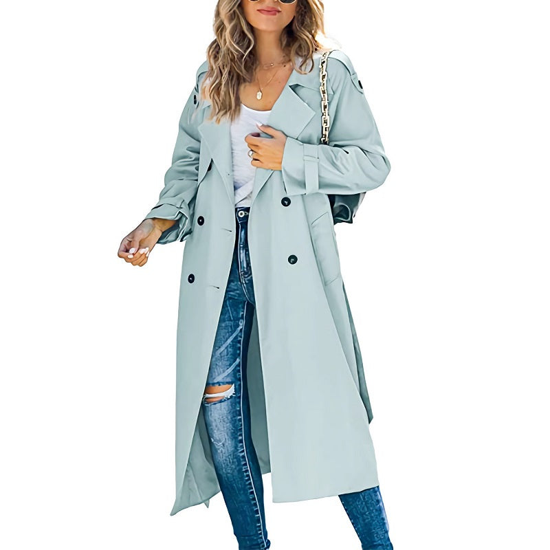 Women's Double-Breasted Long Trench Coat – Button Front Lapel Overcoat