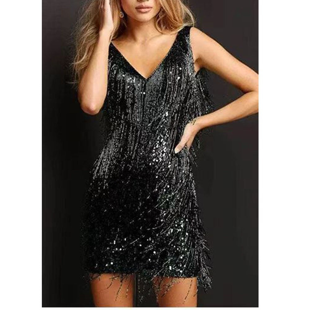 Women's Shimmer Fringe Mini Dress – Fitted Cocktail Party Dress