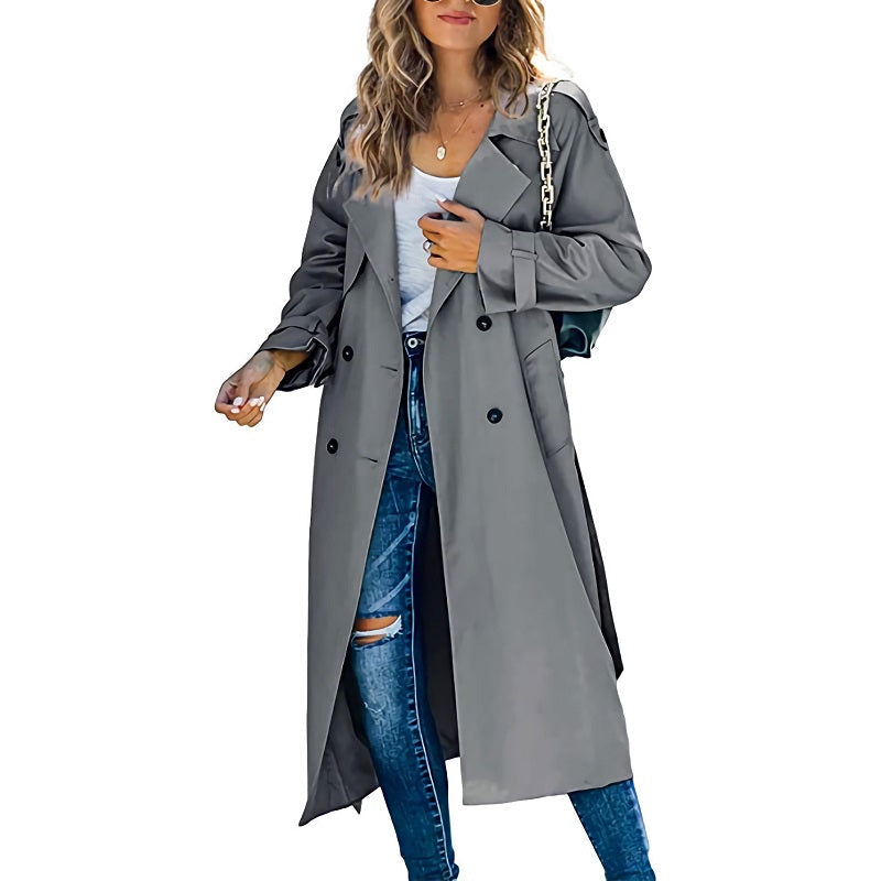 Women's Double-Breasted Long Trench Coat – Button Front Lapel Overcoat