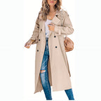 Women's Double-Breasted Long Trench Coat – Button Front Lapel Overcoat