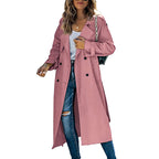 Women's Double-Breasted Long Trench Coat – Button Front Lapel Overcoat