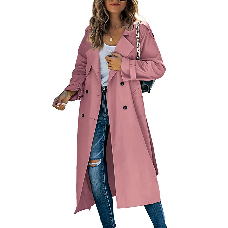 Women's Double-Breasted Long Trench Coat – Button Front Lapel Overcoat