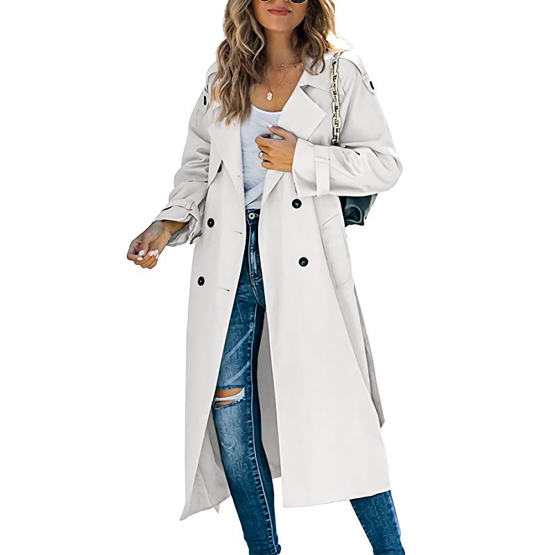 Women's Double-Breasted Long Trench Coat – Button Front Lapel Overcoat
