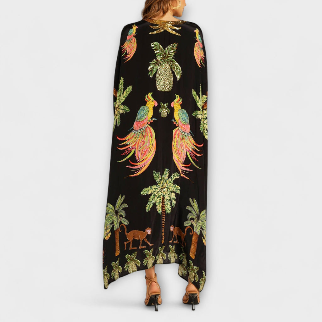 Women's Tropical Print Maxi Dress – Asymmetrical Resort Long Dress
