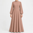 Women's High Waist Long Sleeve Maxi Dress – Mock Neck Flowy Dress