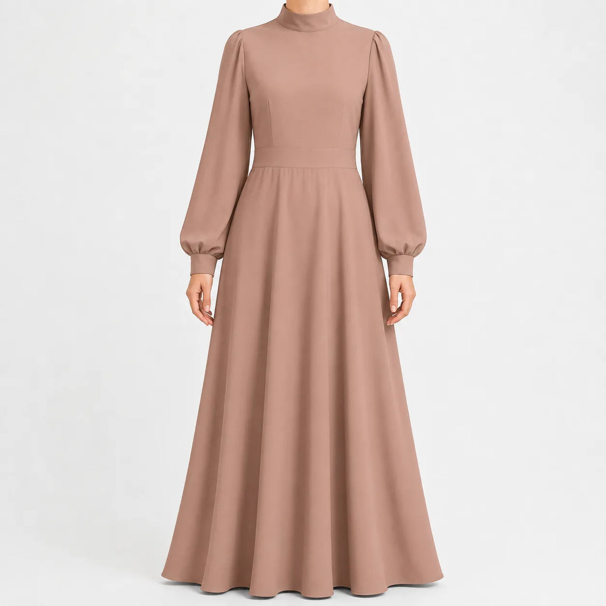 Women's High Waist Long Sleeve Maxi Dress – Mock Neck Flowy Dress