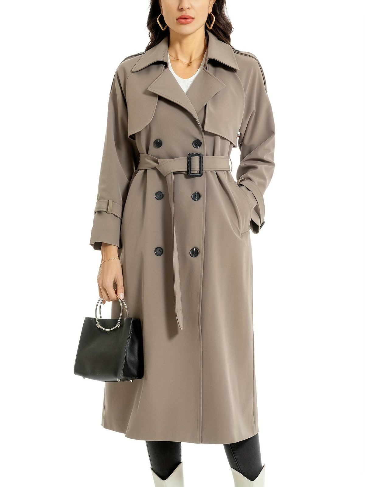 Women's Belted Wide Lapel Trench Coat – Classic Longline Overcoat