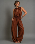 Women's Sleeveless Wide Leg Jumpsuit – High Neck Belted Casual Jumpsuit