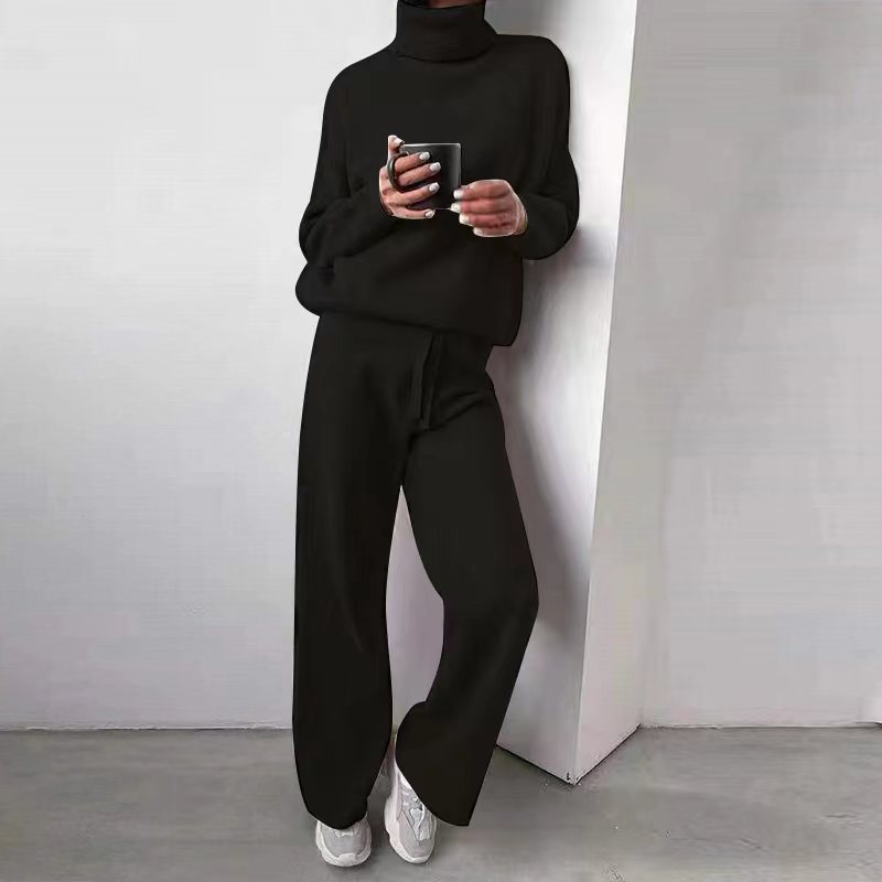 Women's Roll Neck Two-Piece Set – Long Sleeve Top & Matching Bottom