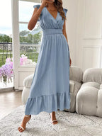 Women's V-Neck Tiered Evening Maxi Dress – Short Sleeve Smocked Waist Dress