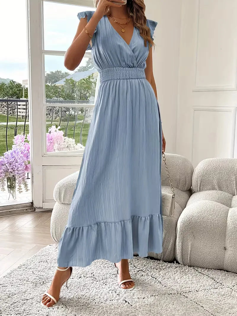 Women's V-Neck Tiered Evening Maxi Dress – Short Sleeve Smocked Waist Dress
