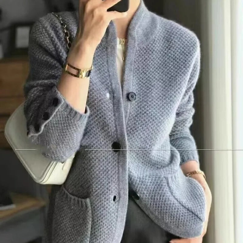 Women's Wool Blend Cardigan – Textured Button Pocket Cardigan