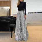 Women's Glitter Sequin Palazzo Pants – High Waist Flared Party Trousers