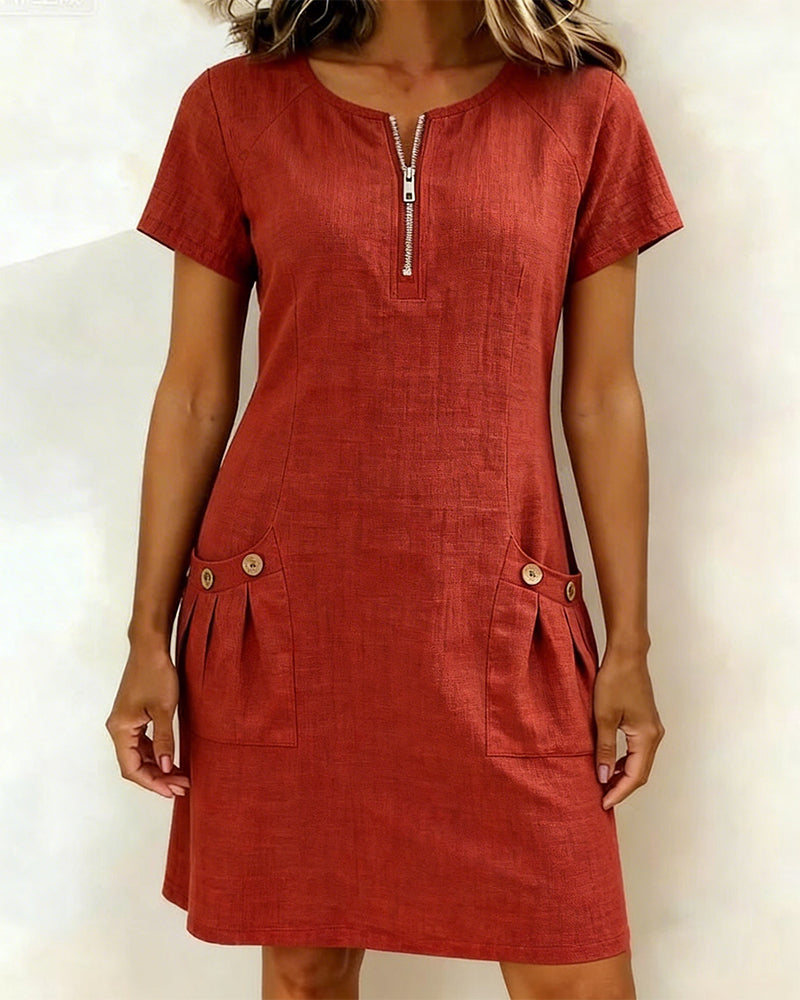 Women's Pocket A-Line Midi Dress – Short Sleeve Relaxed Day Dress