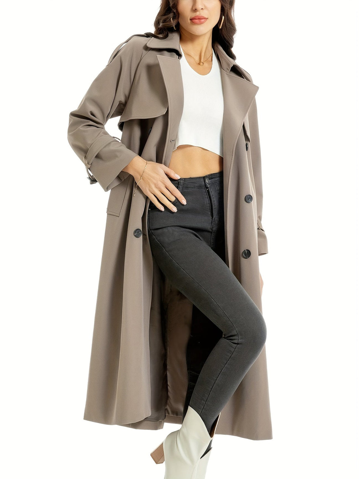 Women's Belted Wide Lapel Trench Coat – Classic Longline Overcoat