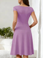 Women's V-Neck Pocket A-Line Dress – Short Sleeve Knee Length Dress