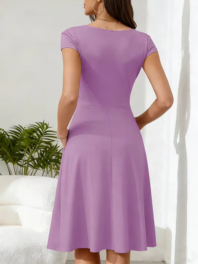 Women's V-Neck Pocket A-Line Dress – Short Sleeve Knee Length Dress