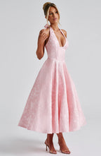 Women's Wedding Guest Halter Midi Dress – Flowy Formal Occasion Dress