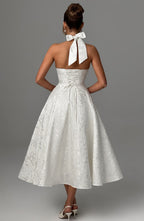 Women's Wedding Guest Halter Midi Dress – Flowy Formal Occasion Dress