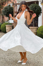 Women's Wedding Guest Halter Midi Dress – Flowy Formal Occasion Dress