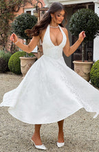 Women's Wedding Guest Halter Midi Dress – Flowy Formal Occasion Dress