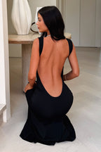 Women's Open Back Maxi Dress – Waterfall Neck Fitted Evening Gown