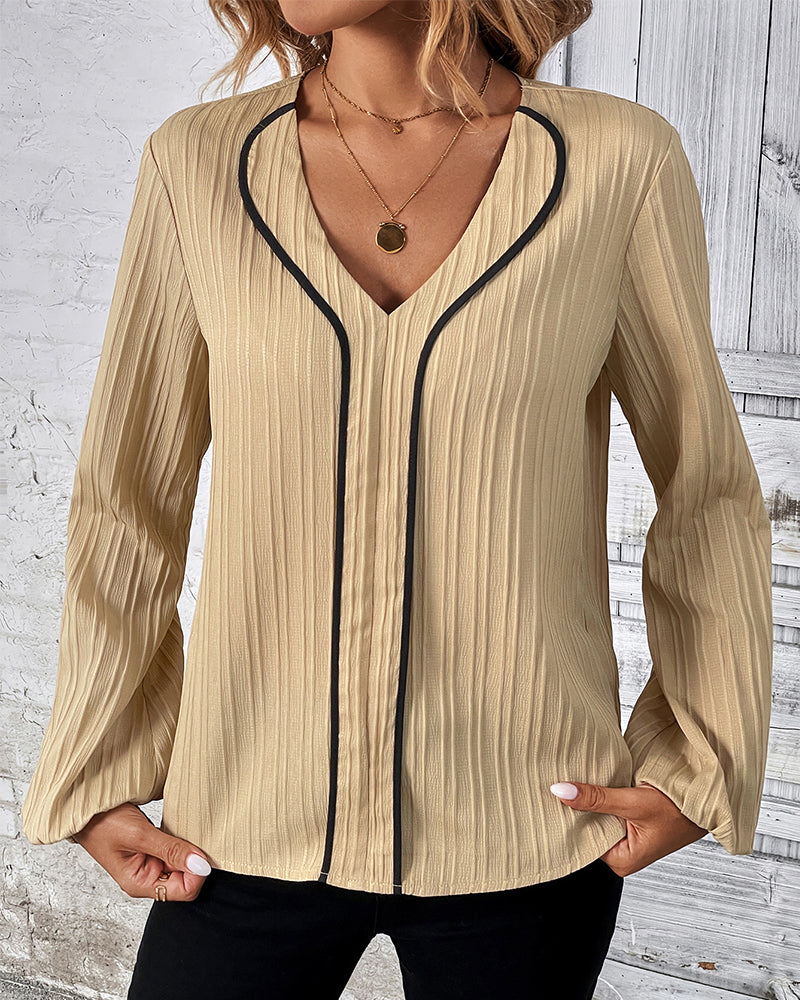 Women's V-Neck Long Balloon Sleeve Blouse – Casual Office Blouse