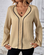 Women's V-Neck Long Balloon Sleeve Blouse – Casual Office Blouse
