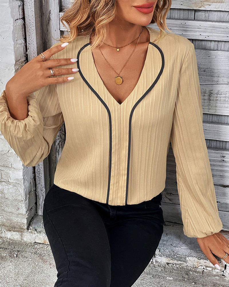 Women's V-Neck Long Balloon Sleeve Blouse – Casual Office Blouse