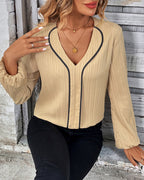 Women's V-Neck Long Balloon Sleeve Blouse – Casual Office Blouse