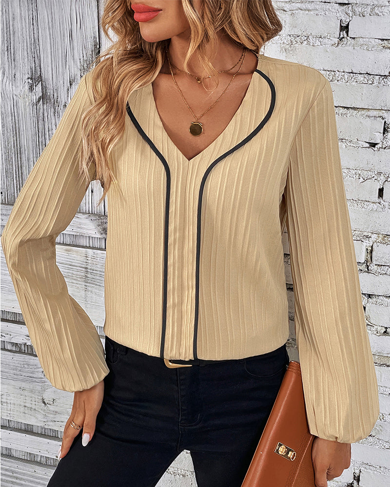 Women's V-Neck Long Balloon Sleeve Blouse – Casual Office Blouse