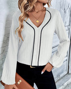 Women's V-Neck Long Balloon Sleeve Blouse – Casual Office Blouse