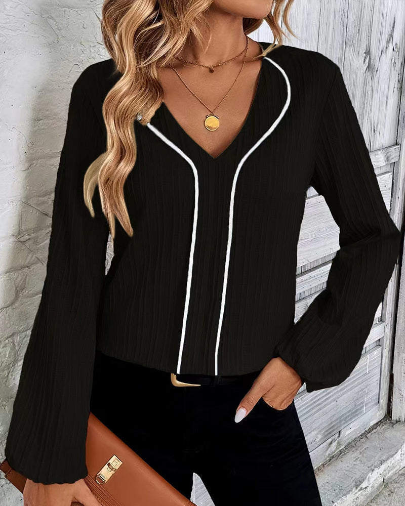 Women's V-Neck Long Balloon Sleeve Blouse – Casual Office Blouse