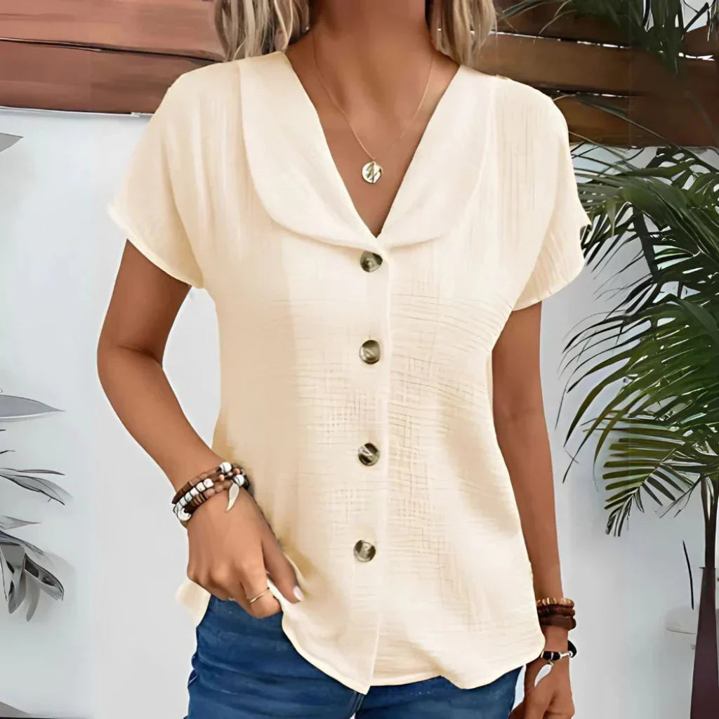 Women's Puff Sleeve Summer Blouse – Pleated V-Neck Flowy Blouse