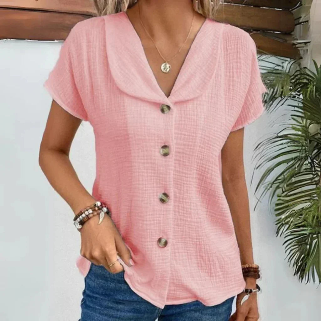 Women's Puff Sleeve Summer Blouse – Pleated V-Neck Flowy Blouse