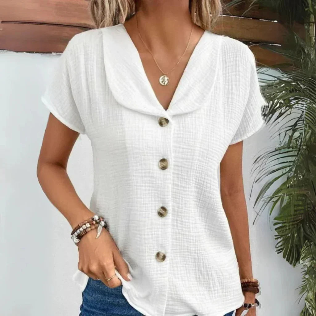 Women's Puff Sleeve Summer Blouse – Pleated V-Neck Flowy Blouse