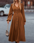 Women's Autumn V-Neck Maxi Dress – Long Sleeve Relaxed Casual Dress
