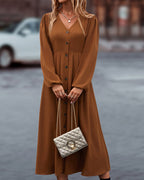 Women's Autumn V-Neck Maxi Dress – Long Sleeve Relaxed Casual Dress