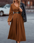 Women's Autumn V-Neck Maxi Dress – Long Sleeve Relaxed Casual Dress