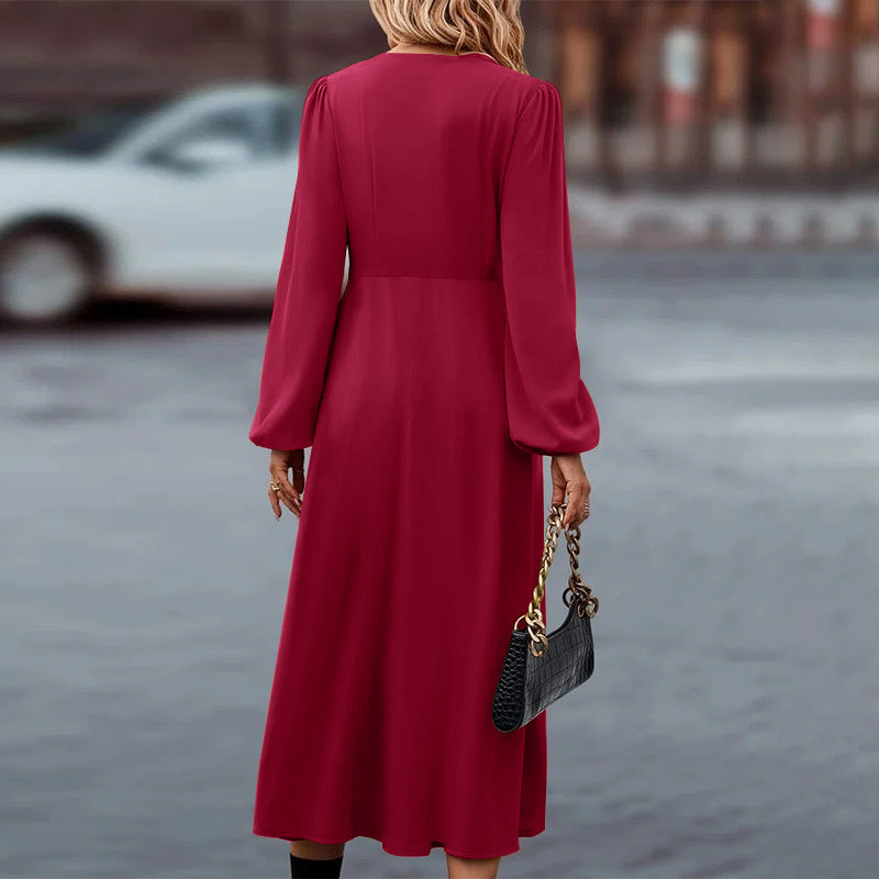 Women's Autumn V-Neck Maxi Dress – Long Sleeve Relaxed Casual Dress