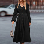 Women's Autumn V-Neck Maxi Dress – Long Sleeve Relaxed Casual Dress